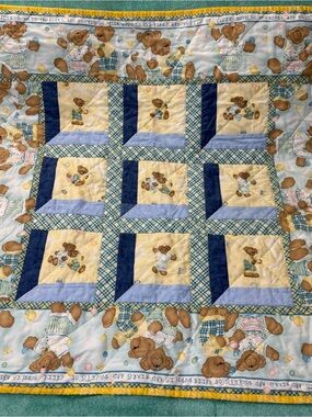 Blue & Yellow Teddy Bear 40” X 40” Quilted Baby Blanket